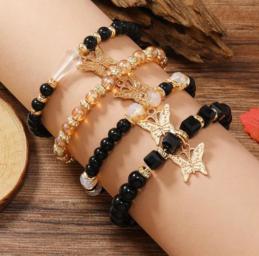 Golden Butterfly Beaded Bracelet Set – 4-Piece Stretch Bracelet for Women