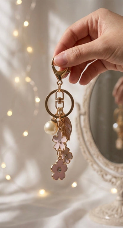 Gold-tone cherry blossom keychain with faux pearl details