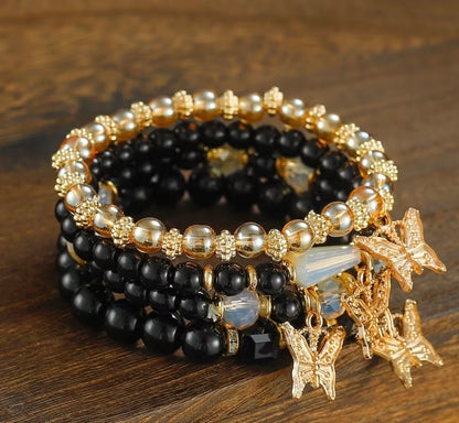Golden Butterfly Beaded Bracelet Set – 4-Piece Stretch Bracelet for Women