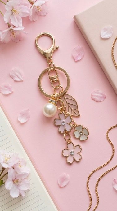 Cherry blossom pearl gold keychain – enamel floral charm close-up